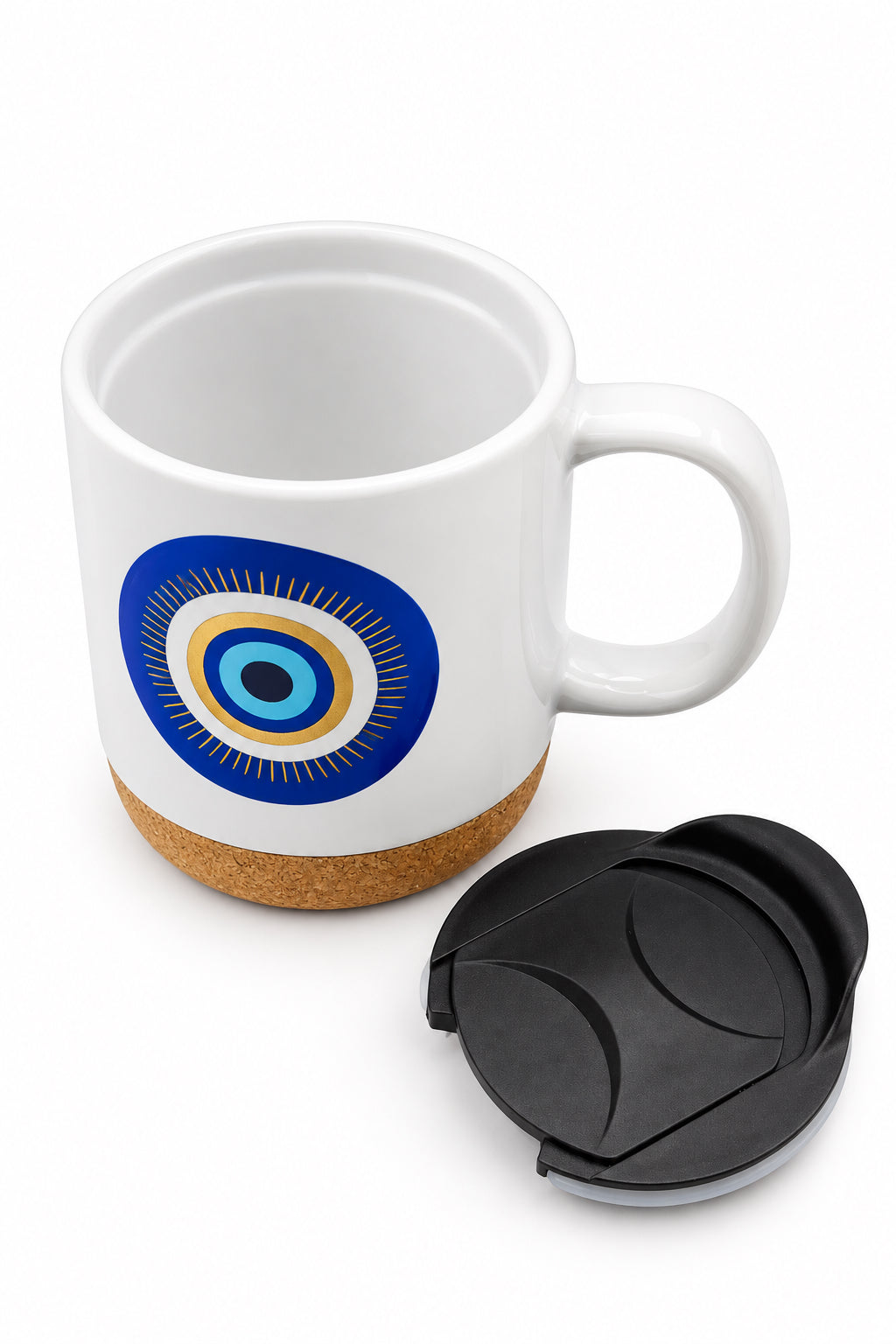 Blue Eye Ceramic Mug with Cork Base & Plastic Lid - 15oz