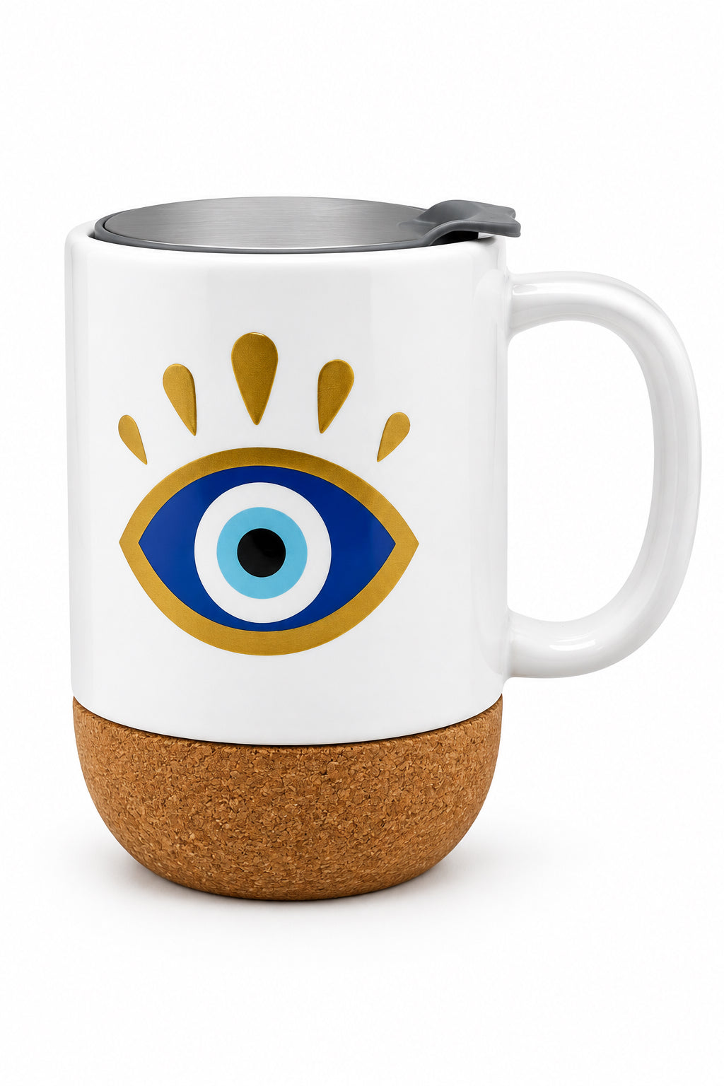 Turkish Eye Ceramic Mug w/Cork Base & Plastic Lid - 15oz