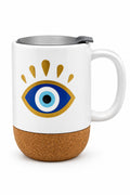 Turkish Eye Ceramic Mug w/Cork Base & Plastic Lid - 15oz