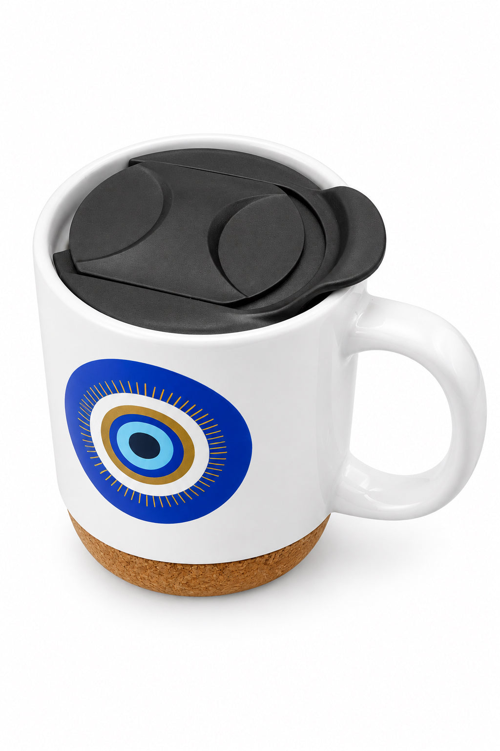 Blue Eye Ceramic Mug with Cork Base & Plastic Lid - 15oz