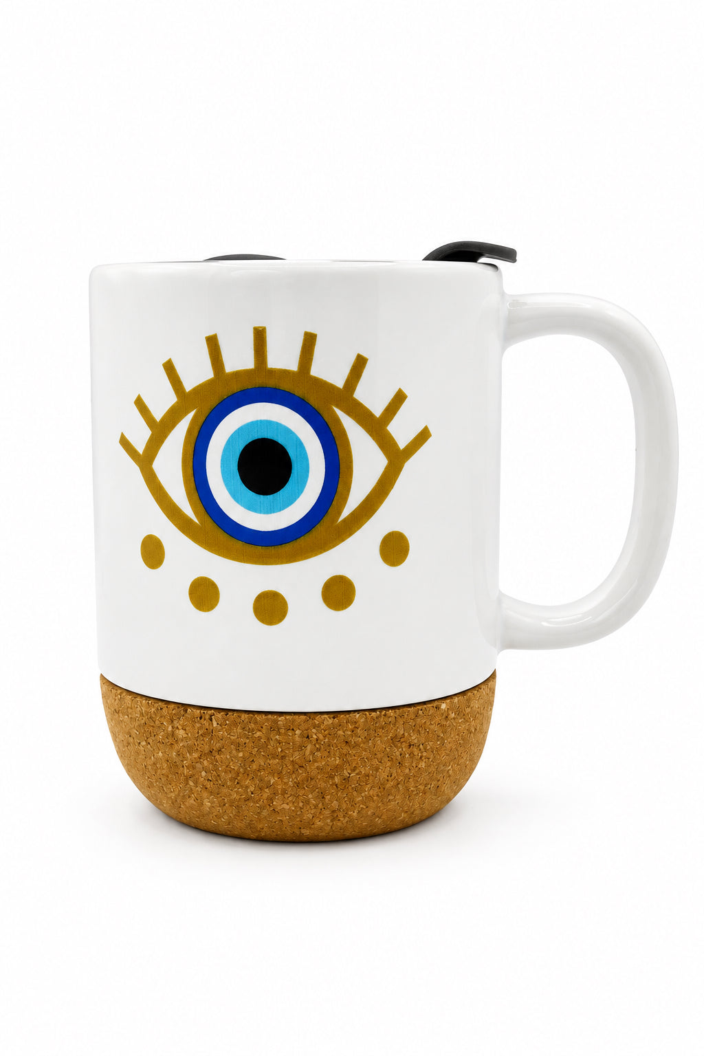 Turquoise Blue Eye Ceramic Mug w/ Cork Base & Plastic Lid