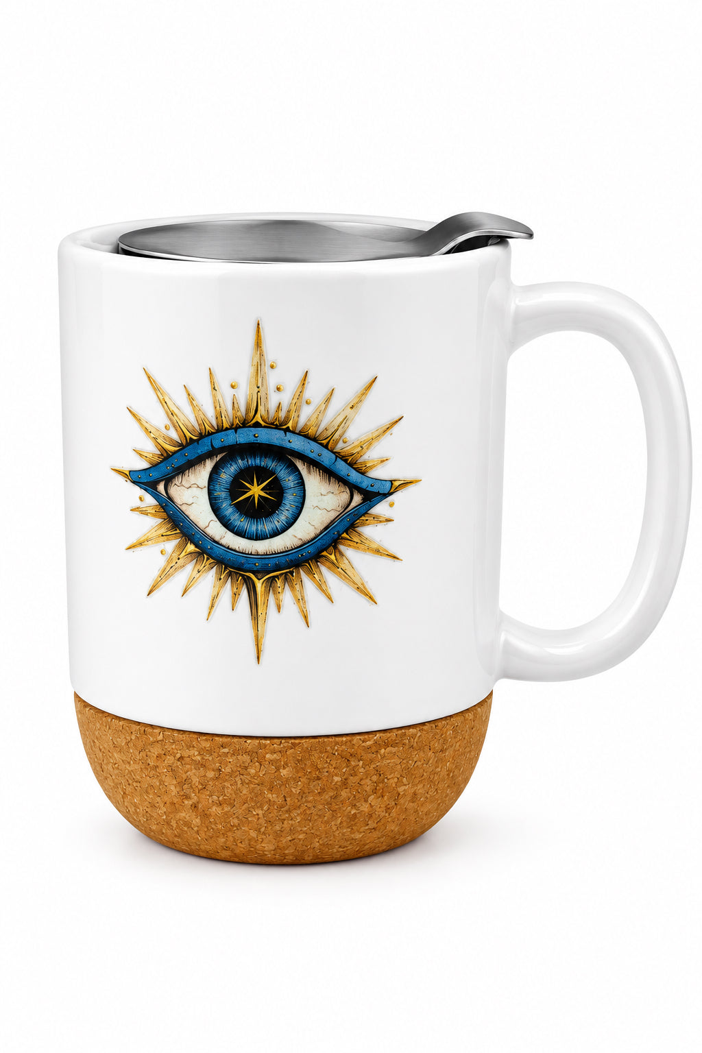 Bright Eye Ceramic Mug with Cork Base & Plastic Lid - 15oz