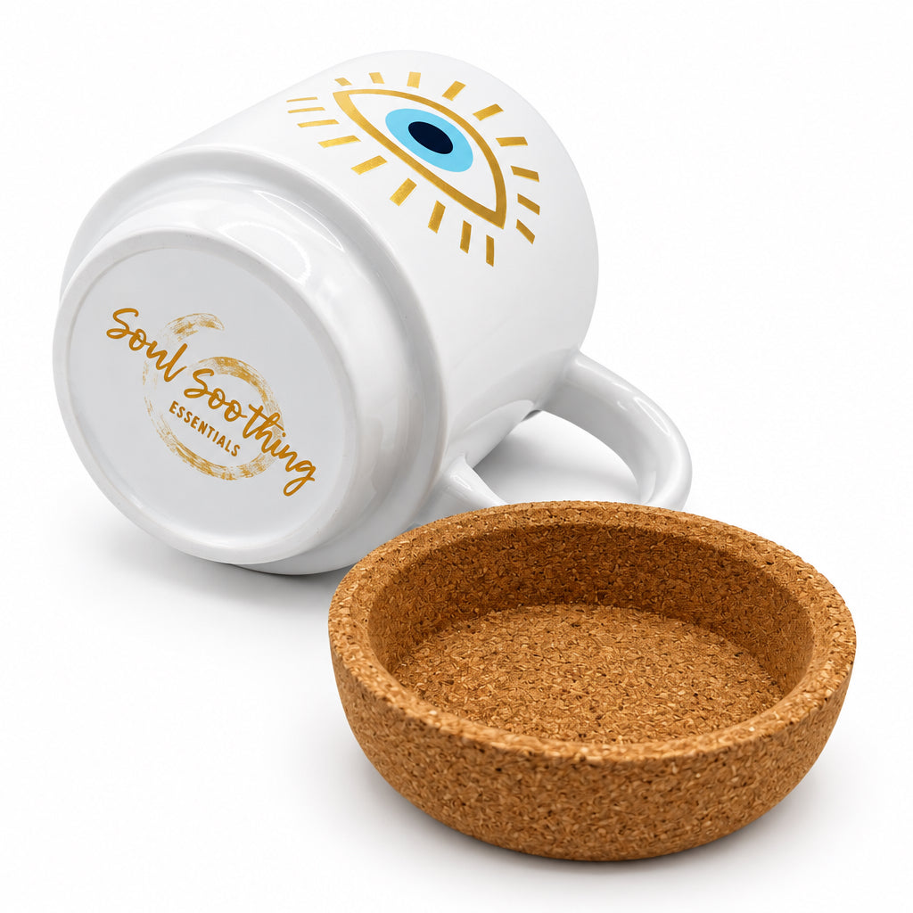 Turquoise Blue Eye Ceramic Mug w/ Cork Base & Plastic Lid