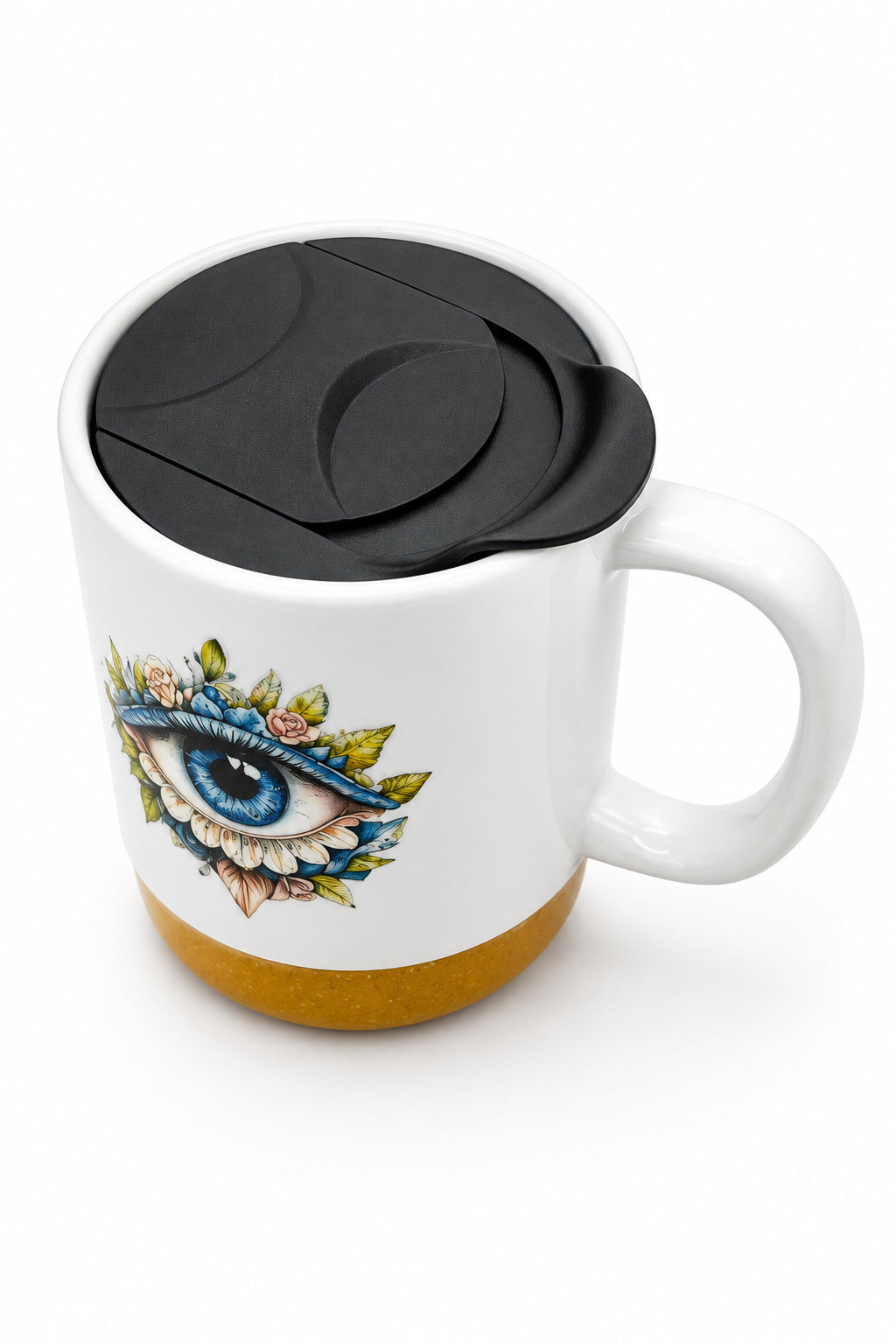 Flower Eye Ceramic Mug w/Cork Base & Plastic Lid - 15oz