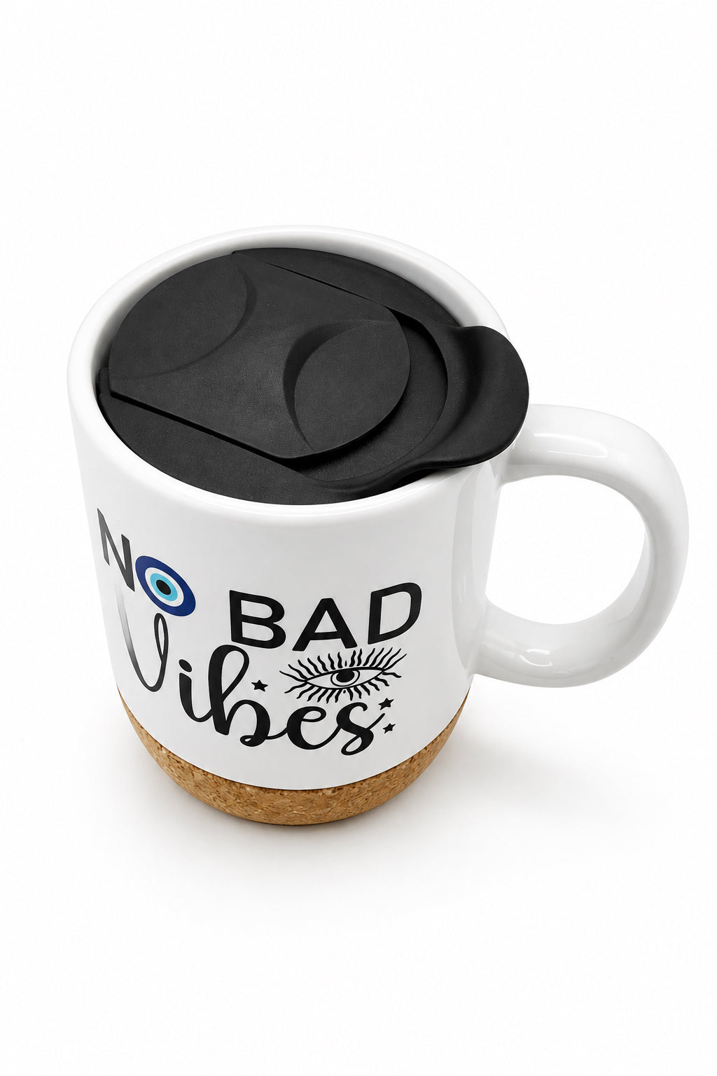 No Bad Vibes Ceramic Mug w/Cork Base & Plastic Lid - 15oz