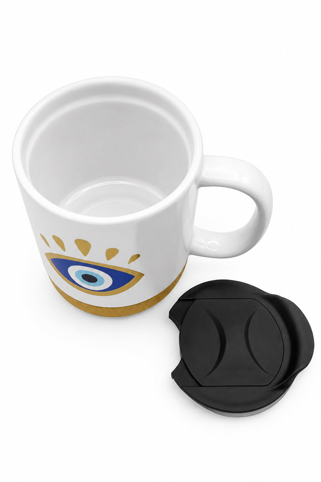 Turkish Eye Ceramic Mug w/Cork Base & Plastic Lid - 15oz