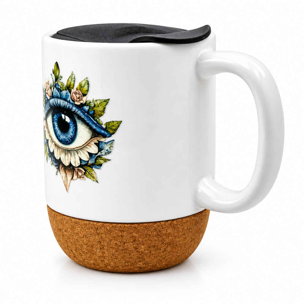 Flower Eye Ceramic Mug w/Cork Base & Plastic Lid - 15oz