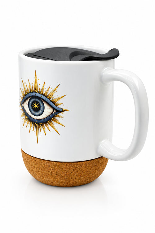 Bright Eye Ceramic Mug with Cork Base & Plastic Lid - 15oz