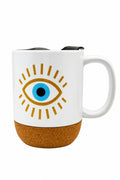 Bright Blue Eyes Ceramic Mug W/ Cork Base & Plastic Lid - 15oz