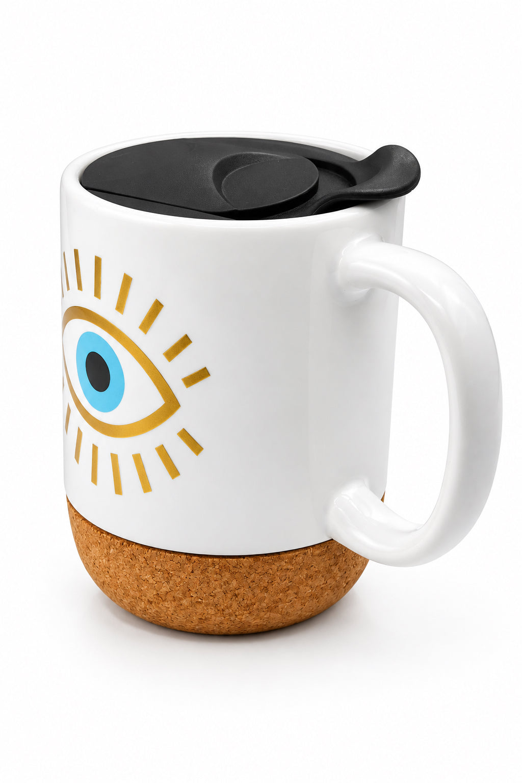 Bright Blue Eyes Ceramic Mug W/ Cork Base & Plastic Lid - 15oz