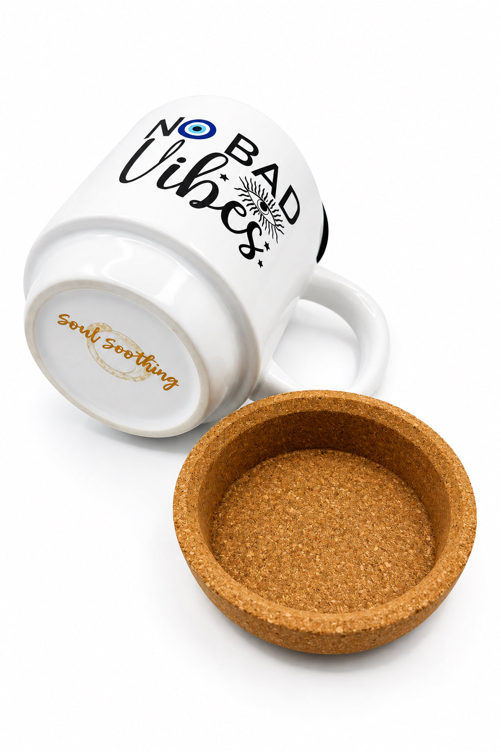 No Bad Vibes Ceramic Mug w/Cork Base & Plastic Lid - 15oz