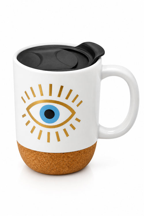 Bright Blue Eyes Ceramic Mug W/ Cork Base & Plastic Lid - 15oz