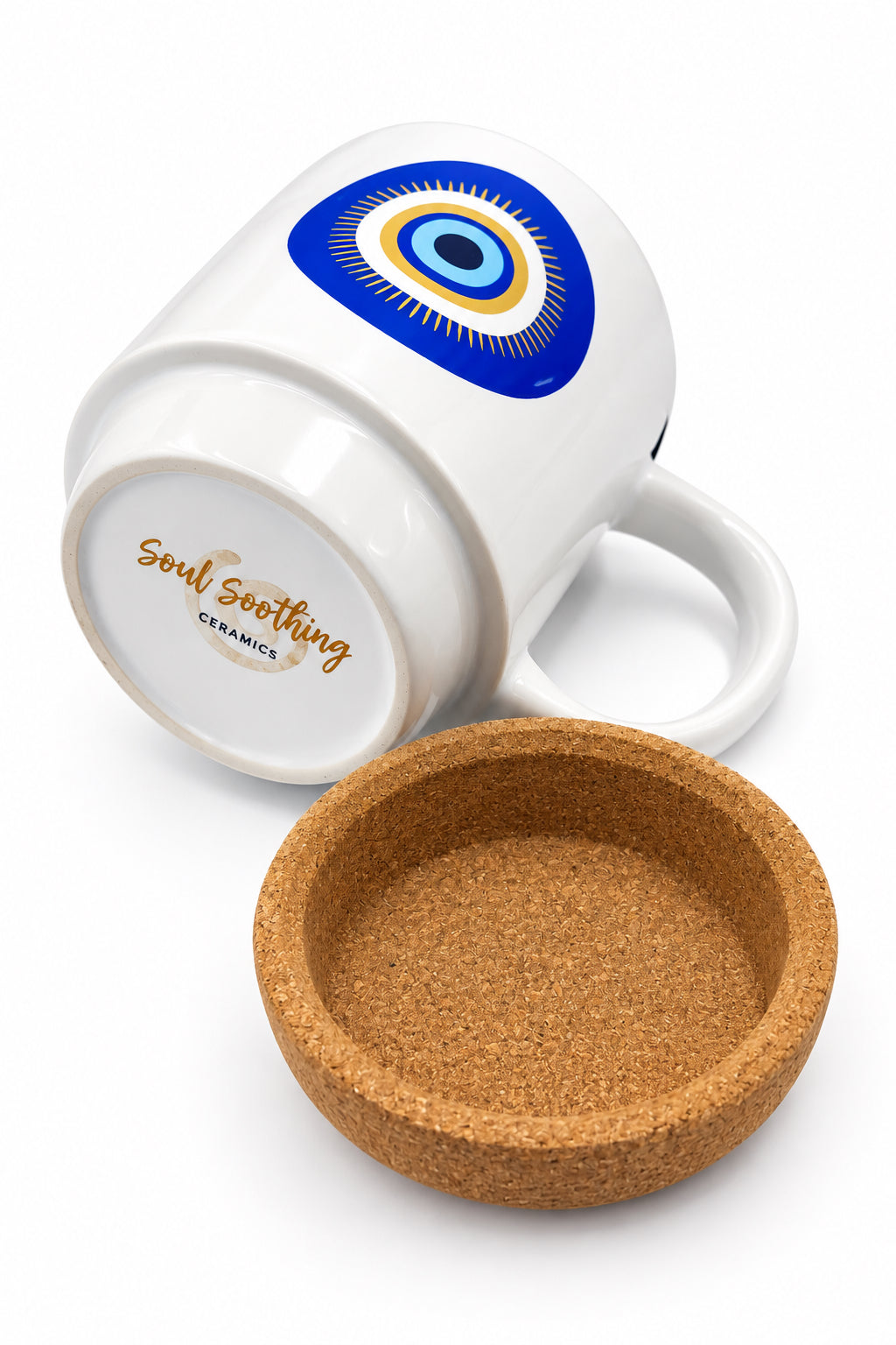 Blue Eye Ceramic Mug with Cork Base & Plastic Lid - 15oz