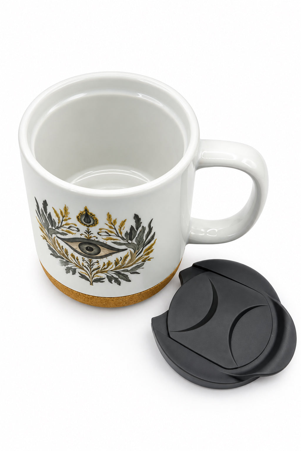 Flower Eye Ceramic Mug w/Cork Base & Plastic Lid - 15oz